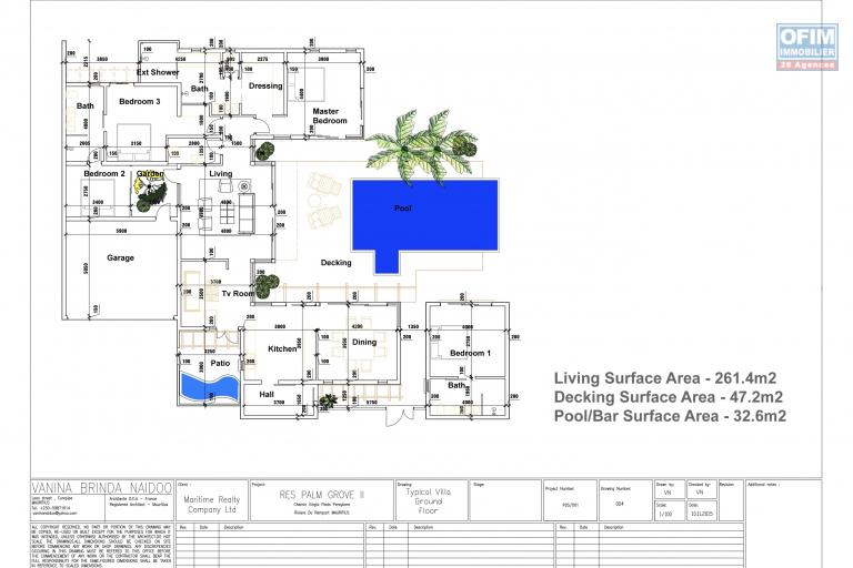 Accessible aux étrangers: A vendre villa F5 de plain pied de 261 m2 avec piscine privée à Grand Baie chemin 20 pieds.