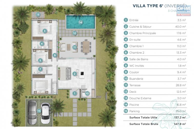 Vente villa de haut standing de 3 chambres à coucher avec piscine à 100 mètres de la plage de Trou aux Biches.